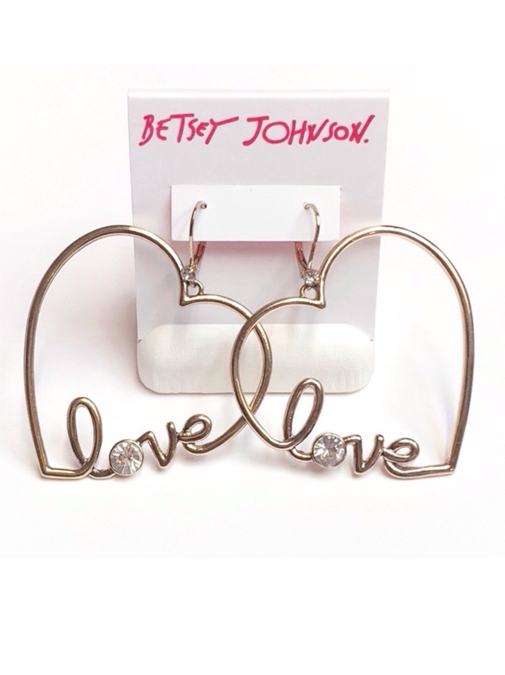 NWT Betsey Johnson 💋HARLEM SHUFFLE Gold Tone CZ Crystals Heart Drop Earrings